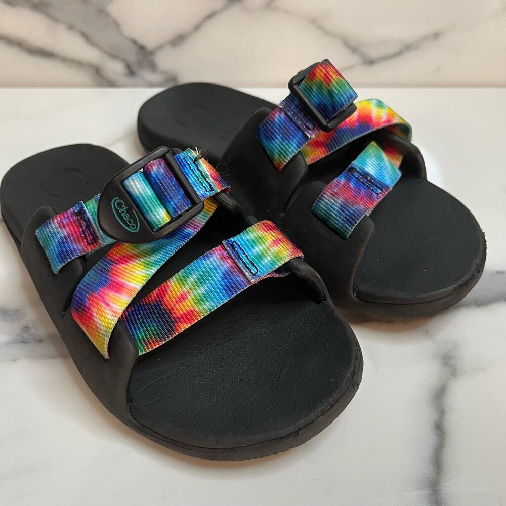 Chaco Kids Rainbow Tie-Dye Strap Slide Sandals - Black Footbed